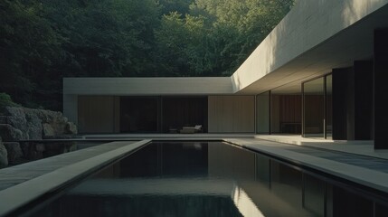 Wall Mural - Modern minimalist house with infinity pool and forest backdrop.