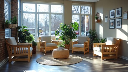 Poster - A cozy interior space features comfortable wooden chairs and a round table, surrounded by various indoor plants, enhanced by natural light streaming in from large windows.