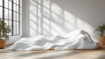 Wall Mural - sunlit minimalist room with abstract white sculptural form.