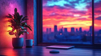 Wall Mural - Vibrant sunset cityscape view from a windowsill with a plant, laptop, and mug.