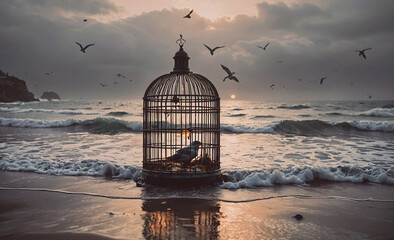 Aufkleber - A birdcage is on the beach with a few birds inside. The cage is empty and the birds are flying around it. Scene is peaceful and serene, as the birds are free to fly and the cage is empty