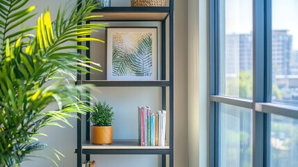 Wall Mural - Modern shelving unit with books, plant, and artwork near window.