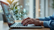 © REZAUL - hands wearing a blue shirt interacting with a laptop and various digital icons and interfaces, suggesting the use of technology, artificial intelligence, and data analysis