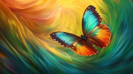 Wall Mural - Vibrant butterfly amidst swirling colorful abstract background.