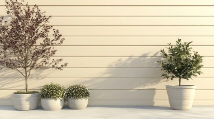 Wall Mural - Three potted plants against a light beige wood wall.