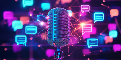 Poster - A vibrant neon microphone surrounded by glowing speech bubbles and connected lines, symbolizing communication, creativity, and broadcasting in a digital world