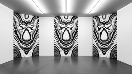 Canvas Print - Three symmetrical black and white abstract art panels displayed in a modern gallery.