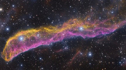 Wall Mural - A vibrant nebula, showcasing its intricate structure of gas and dust, glows with pink and gold hues against a backdrop of countless stars.