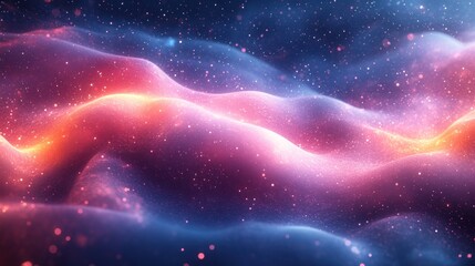 Canvas Print - Abstract cosmic nebula with glowing waves, red and blue hues, sparkling particles.