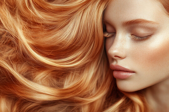 Lush, wavy hair cascading elegantly, with a clear, minimalist background providing ample copyspace, emphasizing the natural beauty and movement of the hair, 