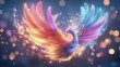 © Linlyart - A vibrant, mythical phoenix with colorful, glowing wings, surrounded by a magical bokeh effect, representing rebirth and transformation.