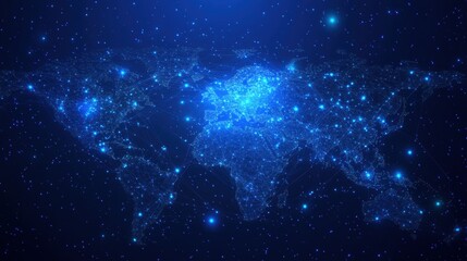 Poster - Global connectivity visualized digital world map infographic night sky aerial view technology concept for seo impact