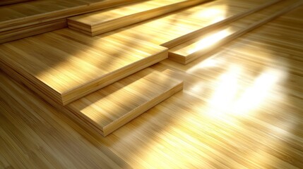 Wall Mural - sunlit wooden steps and floor, minimalist design.