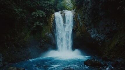 Wall Mural - Majestic waterfall cascading down rocky cliffs into a vibrant blue pool, surrounded by lush green foliage.