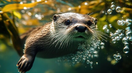 Wall Mural - Close-up of a river otter swimming underwater, surrounded by bubbles and kelp.