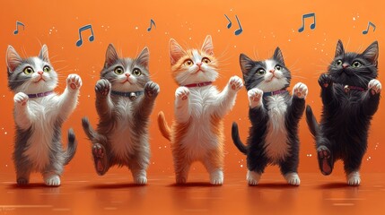 Wall Mural - Five adorable kittens joyfully dance, paws raised, singing along to musical notes against an orange background.