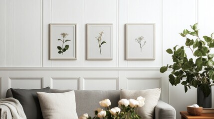 Wall Mural - Three framed botanical prints of white flowers adorn a minimalist living room wall above a gray sofa.