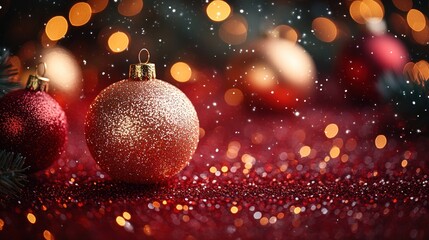 Wall Mural - Festive Christmas ornaments on red glitter with bokeh lights and snowfall.