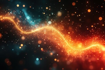 Wall Mural - Abstract swirling light trail with blue and orange sparks on dark background.