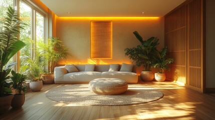 Aufkleber - A bright and inviting living room features a comfortable sofa surrounded by various indoor plants. Sunlight filters through large windows, enhancing the serene ambiance.