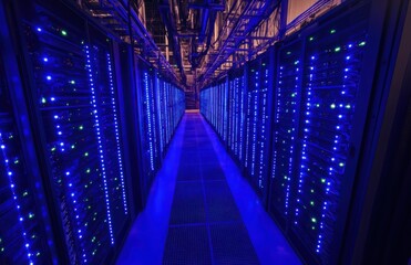Poster - Captivating View of a Modern Data Center with Rows of Server Racks Illuminated by Blue LED Lights Creating a High-Tech Environment