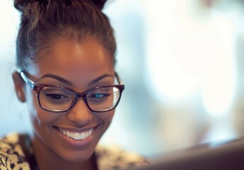 Aufkleber - Cheerful young woman with glasses smiling while using a laptop, showcasing the joy of technology and connection in a modern, bright workspace environment