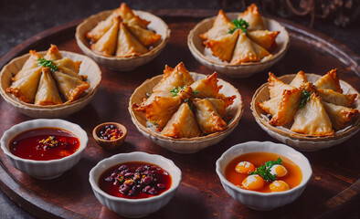 Poster - A tray of food with a variety of dishes and sauces. Scene is inviting and delicious