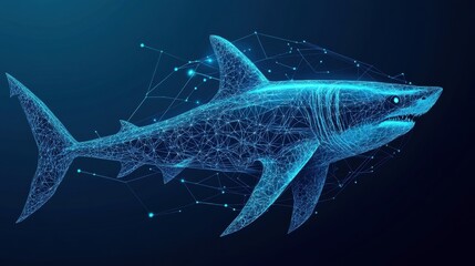 Poster - Digital shark illustration underwater environment 3d graphics tech design futuristic concept for marine life understanding