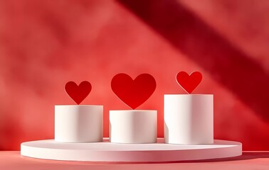 Poster - Abstract background for product presentation with different red hearts and three white cylindrical podiums, pink color scheme, flat lay, copy space on the right side,