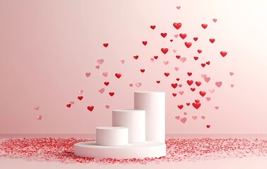 Poster - Abstract background for product presentation with three white cylinder podiums and red hearts on a pink pastel color backdrop, geometric vector illustration