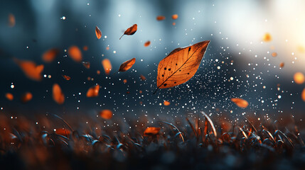 Poster - close up of floating autumn leaf surrounded by falling leaves and sparkling particles, capturing essence of nature beauty and tranquility