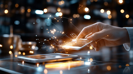 Aufkleber - hand using smartphone to make mobile payment, showcasing technology and innovation in modern setting. scene is illuminated with bright lights and digital effects, creating dynamic atmosphere