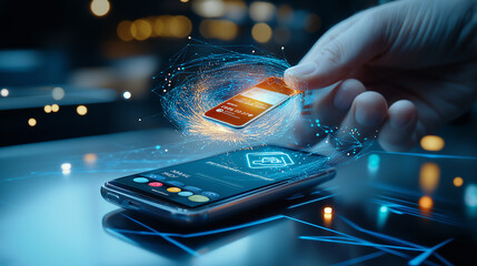 Aufkleber - futuristic scene depicting hand holding credit card above smartphone, showcasing digital payment technology with glowing effects and data transfer