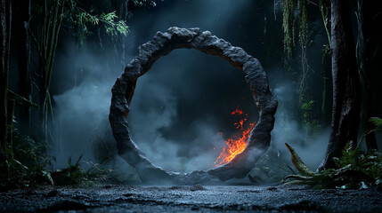 Aufkleber - mystical stone portal surrounded by lush greenery and fog, with flames flickering within. This enchanting scene evokes sense of adventure and wonder