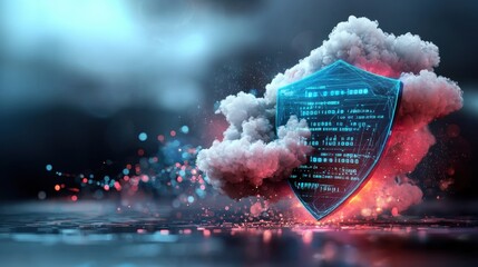 Poster - Cybersecurity shield protecting data digital environment graphic illustration futuristic concept virtual space