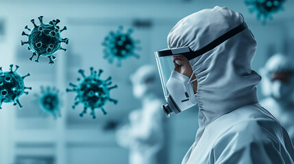 Poster - healthcare researcher in protective gear studies virus particles in lab. atmosphere conveys urgency and dedication to combating infectious diseases