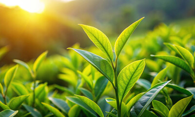 Wall Mural - young green leaves of a tea bush in the rays of the rising sun
