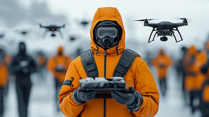 Poster - person in orange jacket holds delivery tray while drones hover nearby in snowy environment. scene conveys sense of futuristic technology and logistics