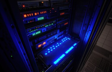 Poster - Dynamic View of Server Rack with Illuminated LEDs in a Data Center Highlighting Modern Technology and Connectivity in a Dark Environment