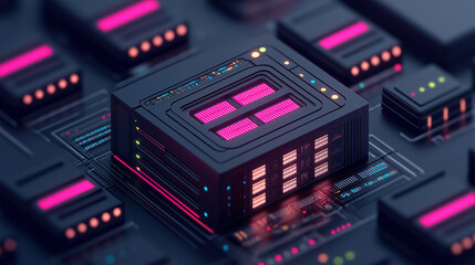 Poster - high resolution image of futuristic data center with glowing components, showcasing advanced technology and vibrant colors. intricate design highlights complexity of modern computing
