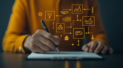 Poster - person in yellow shirt writes on notepad, surrounded by digital icons representing ideas, images, and data flow. This scene captures creativity and innovation