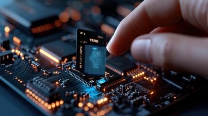 Poster - Hand inserting advanced chip on circuit board technology lab close-up modern environment innovative concept