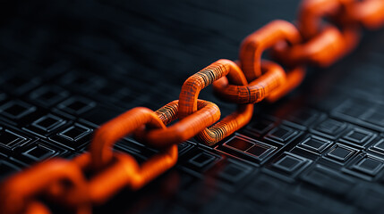 Fototapete - close up view of orange blockchain link on textured black surface, symbolizing technology and connectivity. intricate design highlights modern digital landscape