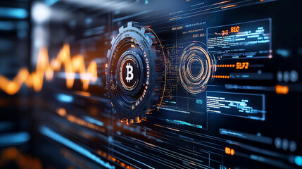 Leinwandbilder - secure digital payment system featuring Bitcoin symbol, futuristic technology, and data visualization elements. image conveys innovation and financial security