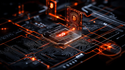 Poster - digital representation of secure cryptocurrency transactions with focus Bitcoin, showcasing intricate circuit designs and glowing elements. image conveys sense of advanced technology and security
