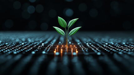 Leinwandbilder - digital plant emerging from circuit board symbolizes fusion of technology and nature, representing growth and innovation in modern world