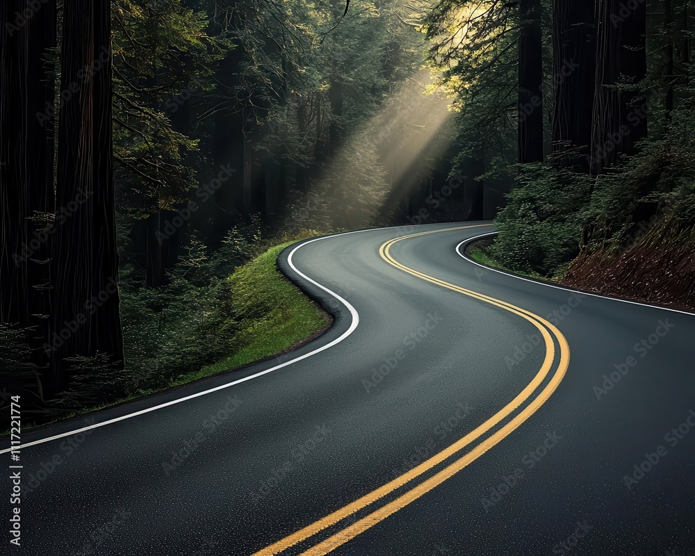 Paved road winding through a forest of towering redwood trees, with ...