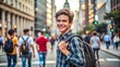 © Jam - Young urban professional man using smart phone. Businessman holding mobile smartphone using app texting sms message wearing jacket on Passeig de