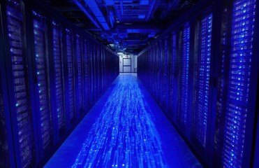 Poster - Futuristic Data Center Hallway with Illuminated Aisles and Server Racks, Showcasing Advanced Technology and Digital Infrastructure in a Modern Environment