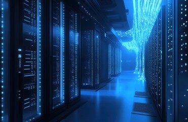 Poster - Futuristic Data Center with Bright Blue LED Lights and Modern Server Racks Creating a High-Tech Environment for Cloud Computing and Digital Infrastructure